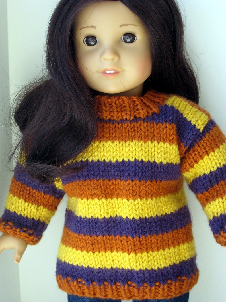 PDF KNITTING PATTERN, Tunic Length Striped Sweater for American Girl Doll and 18 inch dolls, Doll Sweater, Instant Download image 1