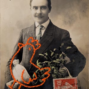 POULE - Carte postale ancienne brodée.