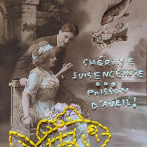 POISSON - Carte Postale ancienne brodée.