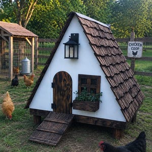 Può includere: Pollaio a capanna con esterno bianco, tetto in scandole marroni e rampa in legno. Presenta una piccola fioriera con verde e una lanterna decorativa. Polli visibili nel cortile, con un cartello "Chicken Coop" sullo sfondo.
