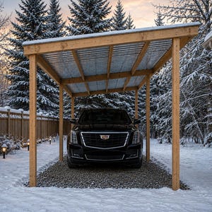 Puede incluir: Un SUV Cadillac negro estacionado bajo una cochera de madera con techo de metal corrugado. La estructura cuenta con vigas de soporte verticales de madera y un diseño de techo inclinado, sobre una base de grava en un entorno nevado.