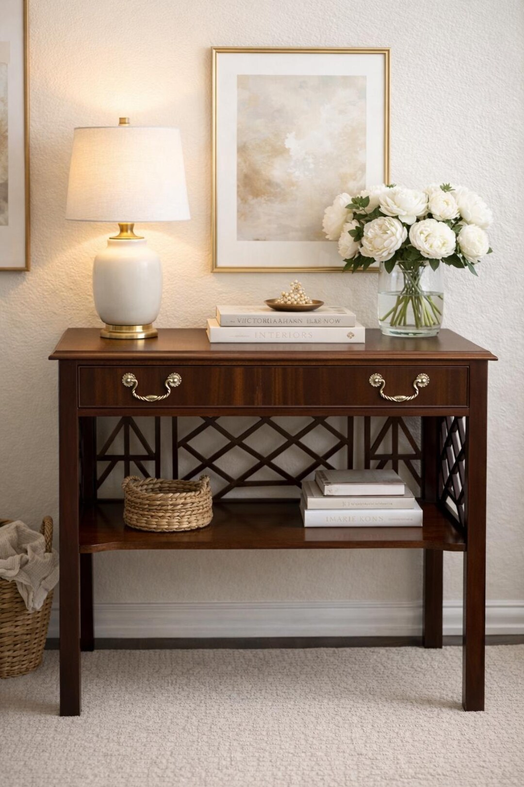 Vintage Baker Console Table With Lattice Detail and Brass Swan Hardware ...
