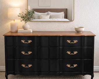 Black French Provincial Dresser- Refinished Wood Top - Gold Hardware -Modern Cozy Bedroom