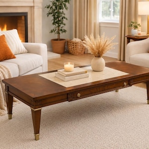 May include: A rectangular wooden coffee table with a dark brown finish, featuring a central light-colored stone inlay, a single drawer with a small gold knob, and four tapered legs with gold-toned metal caps at the base of each leg.