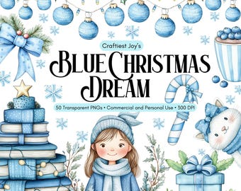Blue Christmas Clipart Bundle Watercolor Winter Graphics Winter Wonderland Clipart Blue Christmas Tree Blue Hygge Christmas Snowman Clipart