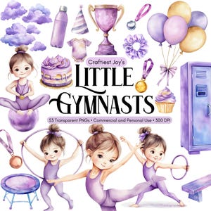 Clipart di ginnastica per ragazze con acquerello digitale Clipart per baby shower, asilo nido, bambini che giocano, clipart di grafica di danza per ragazze di compleanno, bundle di ginnastica