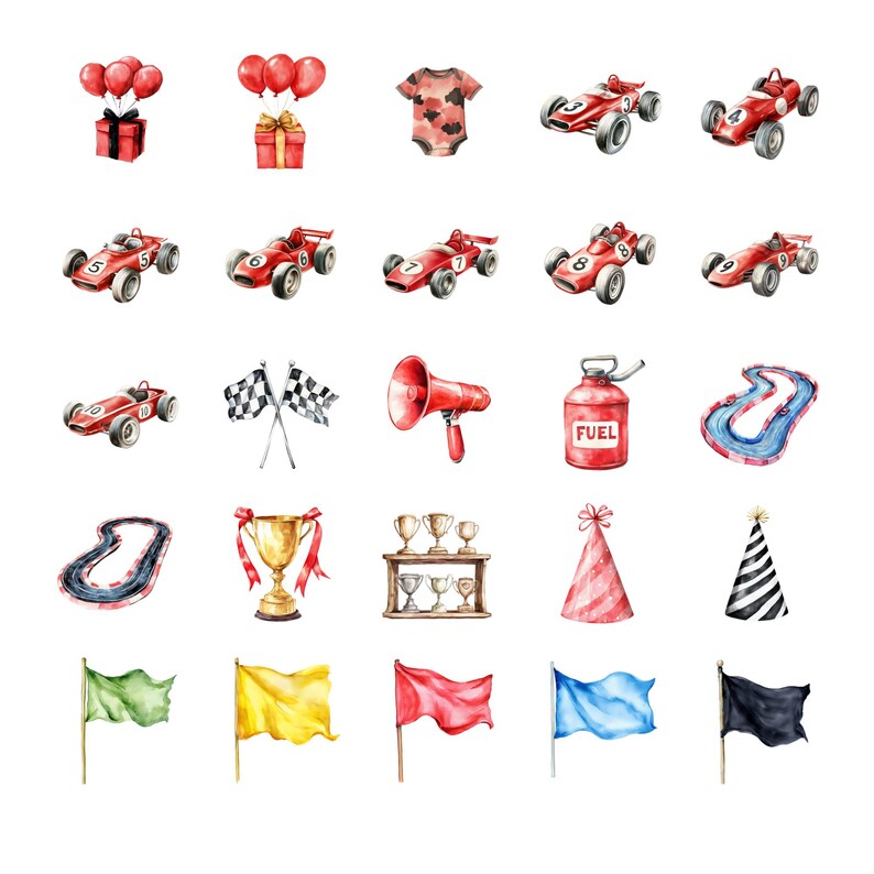 May include: Watercolor illustrations of racing-themed items. Includes red race cars, checkered flags, a megaphone, a fuel can, race tracks, trophies, party hats, balloons, and flags in various colors. A baby onesie is also included.