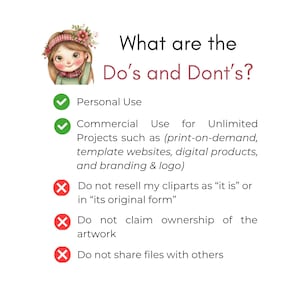 May include: An illustration with the text "What are the Do's and Dont's?" and a cartoon girl wearing a floral headband. The image lists permitted uses, including personal and commercial use for projects like websites and logos. It also lists restrictions.