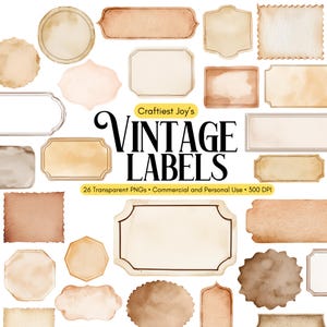 Puede incluir: Una colección de etiquetas de estilo vintage en varias formas y tamaños, con efecto acuarela. Las etiquetas son en tonos beige, marrón y crema, algunas con bordes decorativos. Se muestra el texto "Craftiest Joy's VINTAGE LABELS".
