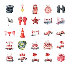 May include: Watercolor illustration of racing-themed elements. Includes tires, a gold medal, a gas pump, a stopwatch, gloves, a checkered flag, red gloves, a star, a traffic cone, race cars, cakes, a race track, and a gift box.