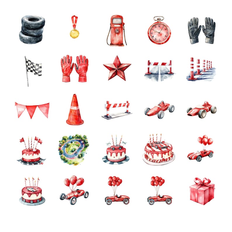 May include: Watercolor illustration of racing-themed elements. Includes tires, a gold medal, a gas pump, a stopwatch, gloves, a checkered flag, red gloves, a star, a traffic cone, race cars, cakes, a race track, and a gift box.