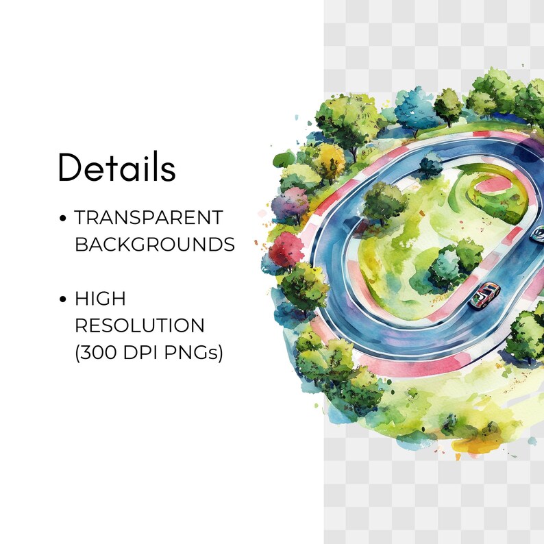 May include: Watercolor illustration of a race track with two cars. The track is surrounded by green trees and grass. The image includes the text "Details" and bullet points about transparent backgrounds and high resolution (300 DPI PNGs).