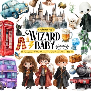 Może przedstawiać: Ilustracje akwarelowe o tematyce magicznej, przedstawiające niebieski samochód, czerwoną budkę telefoniczną, zamek i postacie w szatach. Tekst "WIZARD BABY" jest wyświetlany z dodatkową grafiką.