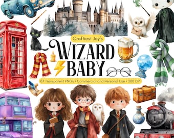 Watercolor Wizard Baby Clipart Bundle Fantasy School PNG Harry Clipart Wizard Spell Clipart Set Potion Magic School Wizard School Clipart