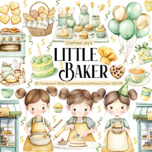 Clipart di cottura ad acquerello Piccolo fornaio Panetteria Torta Baguette Grembiule da forno Asilo nido Piccolo chef carino Cottura Cupcake Biscotto Carino culinario PNG
