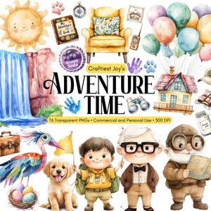 Puede incluir: Ilustración en acuarela con el texto "ADVENTURE TIME". La imagen presenta un sol sonriente, una cascada, un sillón amarillo, globos, una casa y personajes de dibujos animados. Incluye un perro, un pájaro y un niño.