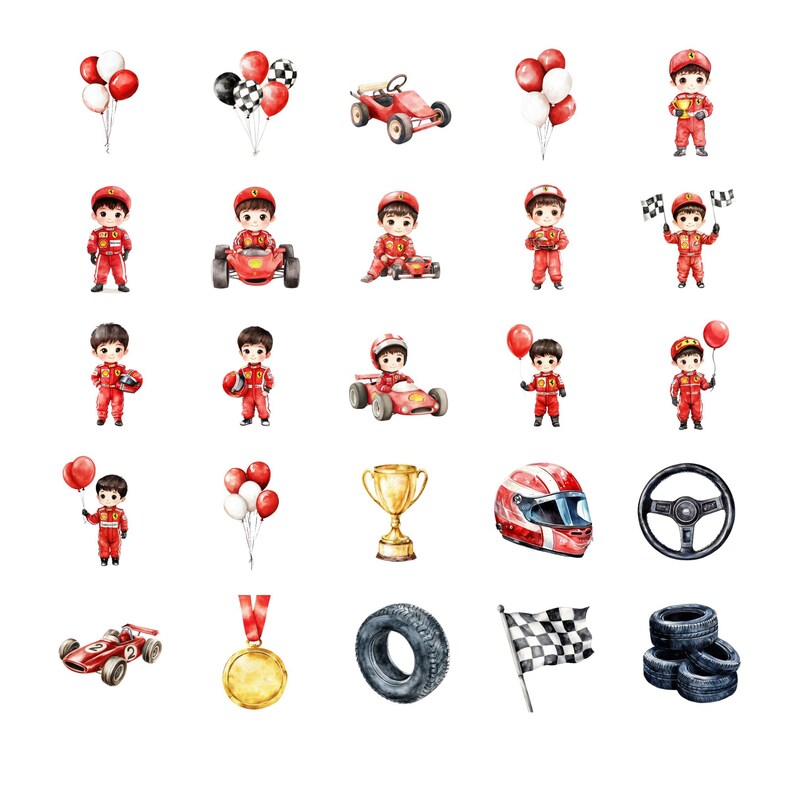 May include: Watercolor illustrations of racing-themed elements. The image features race cars, a trophy, a helmet, a steering wheel, tires, a checkered flag, balloons, and a gold medal. The illustrations include a driver in a red racing suit.