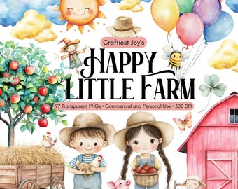 Watercolor Cute Farm Clipart Cottage Core Baby Animals Farm Life Cottage Farm Animals Clipart Cute Farmer Cow Pig Sheep Pony Duck Kids Party