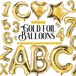 Gold Ballon Zahlen Clipart Set Folienballon Clipart Party Feier Luftballons Geburtstag Ballon Aquarell Gold PNG Alphabet Buchstaben Bundle