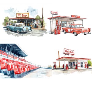 May include: Watercolor illustrations of classic cars and vintage gas stations. One image shows a blue car at a "Pit Stop" with a retro sign. Another depicts a red car at a gas station with a "Ceda Cola" sign.