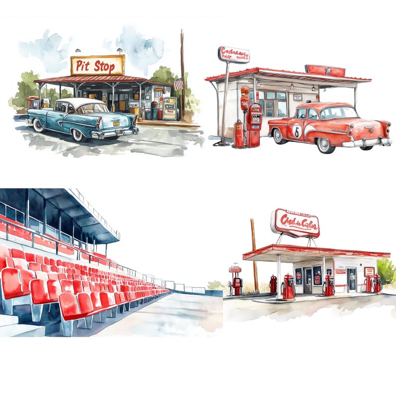 May include: Watercolor illustrations of classic cars and vintage gas stations. One image shows a blue car at a "Pit Stop" with a retro sign. Another depicts a red car at a gas station with a "Ceda Cola" sign.