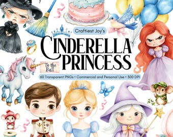 Puede incluir: Una ilustración digital con personajes y elementos temáticos de Cenicienta. La imagen incluye un pastel con un zapato de cristal, una bruja, una princesa, un príncipe, un unicornio y el texto "CINDERELLA PRINCESS". También hay mariposas, globos y una escoba.
