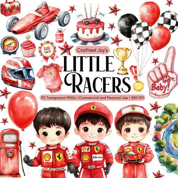 Race Car Designs Bundle Grand Prix Race Race Car Clipart Watercolor Race Car Birthday Two 2 Fast Baby Birthday Checkered Flag PNG Cute Cars