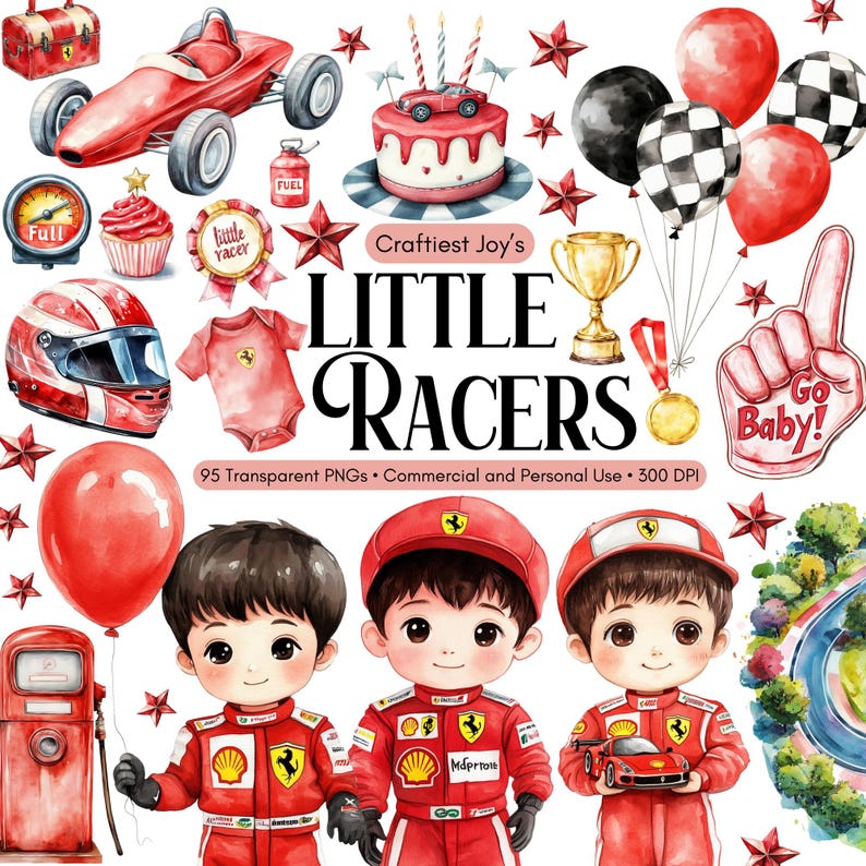 May include: Watercolor illustration featuring a racing theme. Includes a red race car, balloons, a cake, and three cartoon racers in red suits. The text "LITTLE RACERS" is prominently displayed.