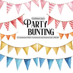 Pode incluir: Guirlanda de festa em aquarela em várias cores, incluindo rosa, vermelho, laranja, amarelo e azul. A guirlanda apresenta padrões listrados e pontilhados. O texto "Craftiest Joy's Party Bunting" é exibido.