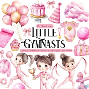 Clipart di ginnastica per ragazze con acquerello digitale Clipart per baby shower, asilo nido, bambini che giocano, clipart di grafica di danza per ragazze di compleanno, bundle di ginnastica