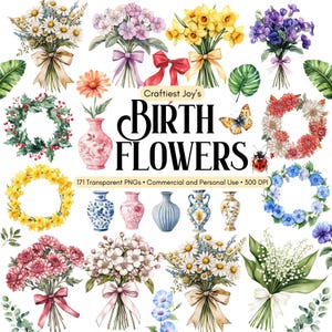 Aquarelle de fleurs pour la fête des mères, fleurs d'anniversaire, mois de naissance, fleurs, cliparts, PNG, mois de naissance, bouquet de fleurs, couronne de fleurs