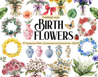 Birth Month Flower Clipart Watercolor Floral Bouquets Wreaths Birth Month Clipart Birth Flower Print PNG Mothers Day Birth Month Floral PNG
