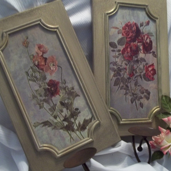 Gorgeous Pair of Shabby Chic Country French Floral Print Washed Wood Frame Candle Sconces - Home Wall Decor - Vintage
