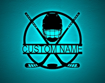Personalized Ice Hockey RGB LED Wall Light, Kids Boys Bedroom Signs, Hockey Players Wall Art, Name Wall Sign, Hockey Light up Sign