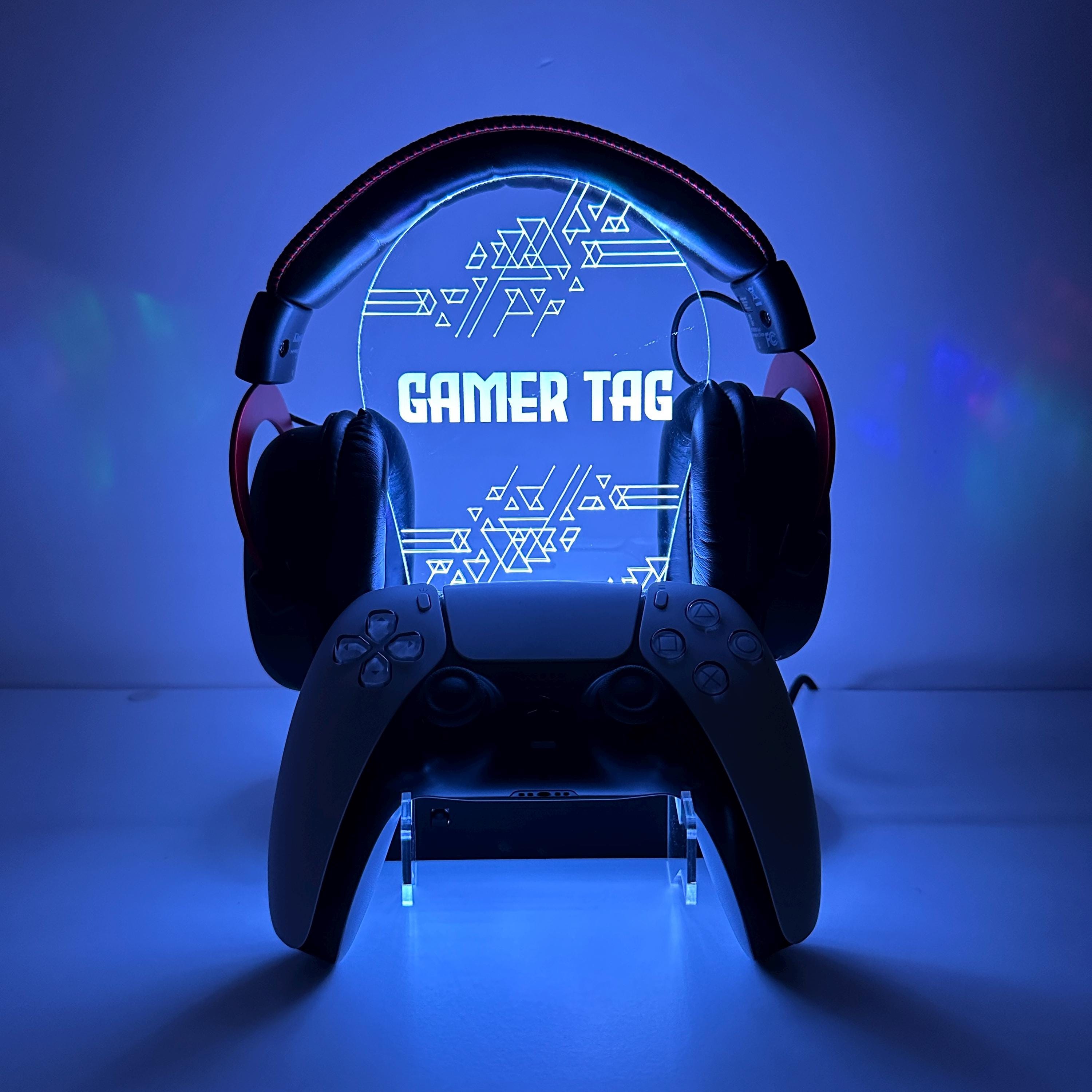 Personalized Gaming Controller and Headphone Stand, RGB Headset Holder, Organizer for Video Gamers, Custom Gamer Tag RGB Light, Nickname Led