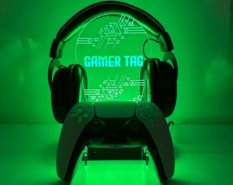 Personalized Gaming Controller and Headphone Stand, RGB Headset Holder, Organizer for Video Gamers, Custom Gamer Tag RGB Light, Xmas Gift