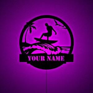 Personalized Surfing Wooden Wall Art With Rgb Led, Surfer Gift, Surfing Wall Decor, Surfer Name Sign, Wave Surfer Light up, Christmas Gift