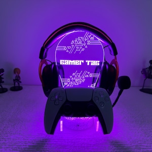 Soporte personalizado para mando de juegos y auriculares, soporte para auriculares RGB, organizador para videojuegos, luz RGB con etiqueta de jugador personalizada, regalo de Navidad.