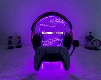 Personalized Gaming Controller and Headphone Stand, RGB Headset Holder, Organizer for Video Gamers, Custom Gamer Tag RGB Light, Xmas Gift