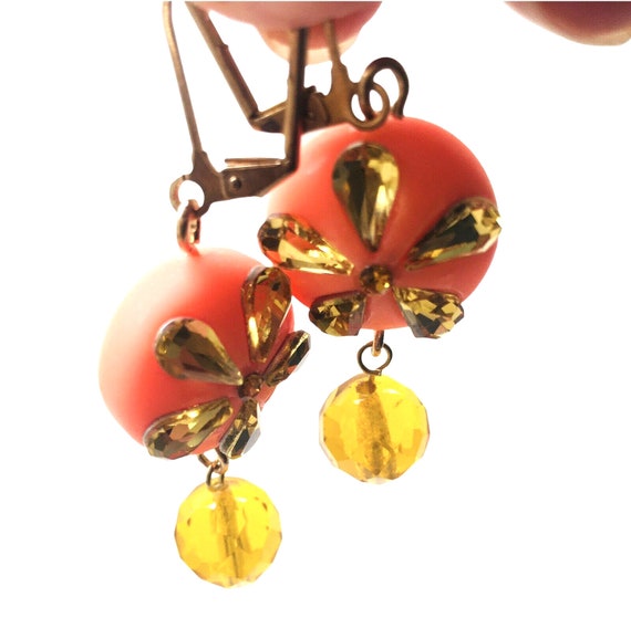 Vtg Earrings Sunflower Yellow Teardrop Amber Gold… - image 8