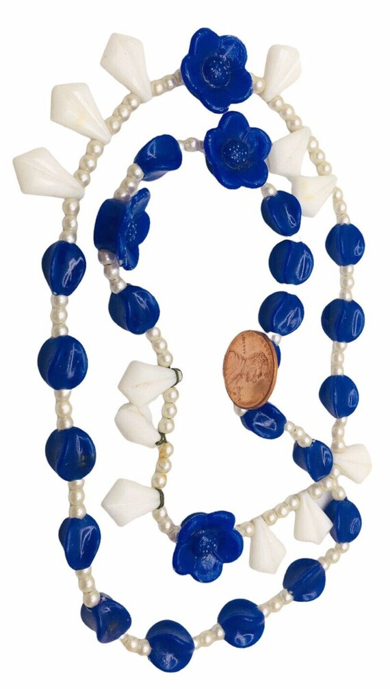 Vtg Necklace Cobalt Royal Blue Flowers Faux Pearl… - image 6