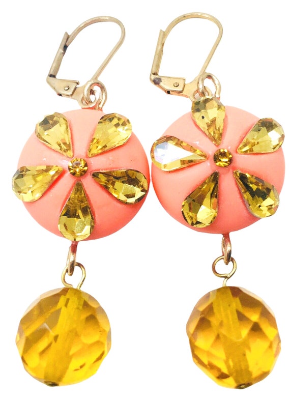 Vtg Earrings Sunflower Yellow Teardrop Amber Gold… - image 2