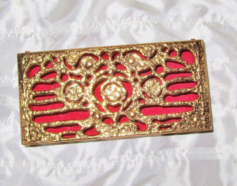 Vintage Brass Jewelry Trinket Vanity Boudoir Box Ornate Gold Art Nouveau Textured Red Velour Lining
