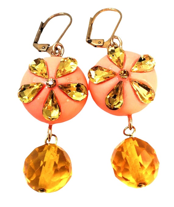 Vtg Earrings Sunflower Yellow Teardrop Amber Gold… - image 1