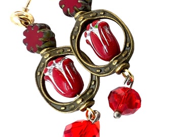 Pretty Red Tulips Topped A Czech Flower Beads Framed Dangle Matching Faceted Crystal Bead Pierced  2" Gift 4 Her Moms