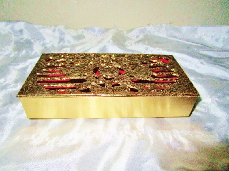 Vintage Brass Jewelry Trinket Vanity Boudoir Box Ornate Gold Art Nouveau Textured Red Velour Lining