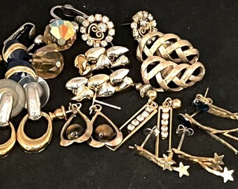 Vintage Earrings Lot 10 Crystals Glass Cat Eye Enamel Rhinestones All Pierced lil Statements Art Nouveau & Art Deco Mod