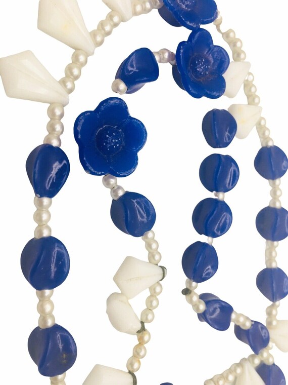 Vtg Necklace Cobalt Royal Blue Flowers Faux Pearl… - image 2