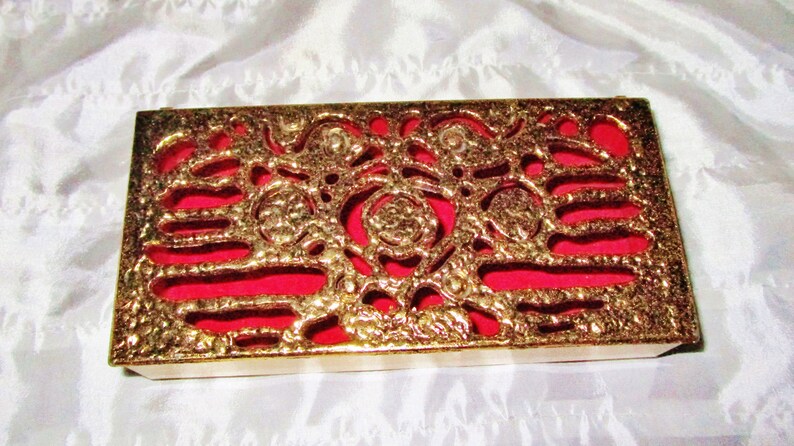 Vintage Brass Jewelry Trinket Vanity Boudoir Box Ornate Gold Art Nouveau Textured  Red Velour Lining