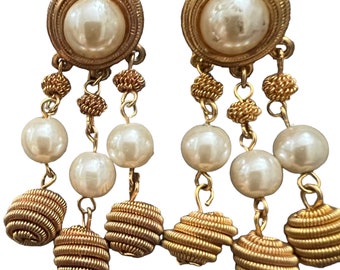 Vintage brushed gold earrings, chandelier, spirals, glistening pearls, dangle, two and three-quarter inches